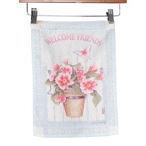 Welcome Friends Garden Flag Pink Flower Butterfly White Picket Fence Jane Shasky